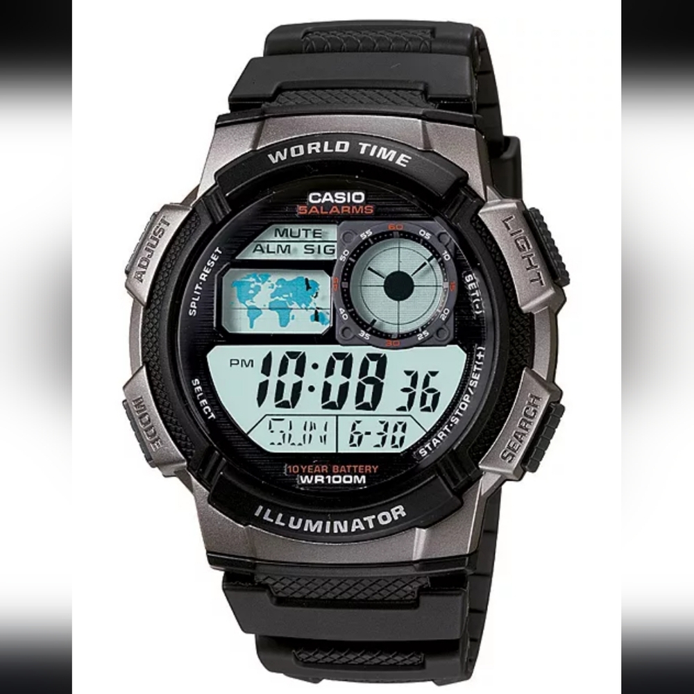 Casio AE-1000W World Time Black Digital Watch Water Resistant